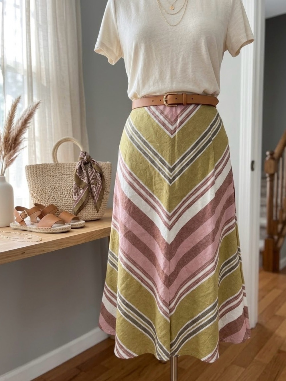 Cato Chevron Midi Skirt in Mustard Yellow & Dusty Pink